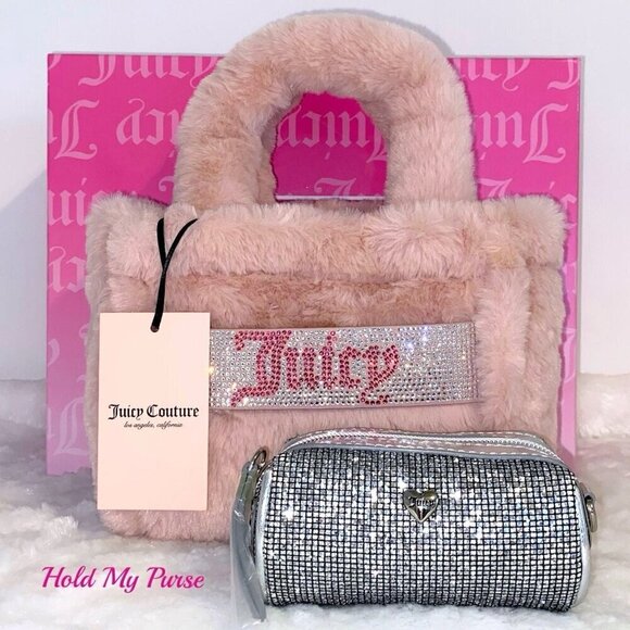 Juicy Couture Bag Faux Fur Plush Purse Pink Mini Tote Bag & Coin Purse Gift Set - Picture 9 of 10